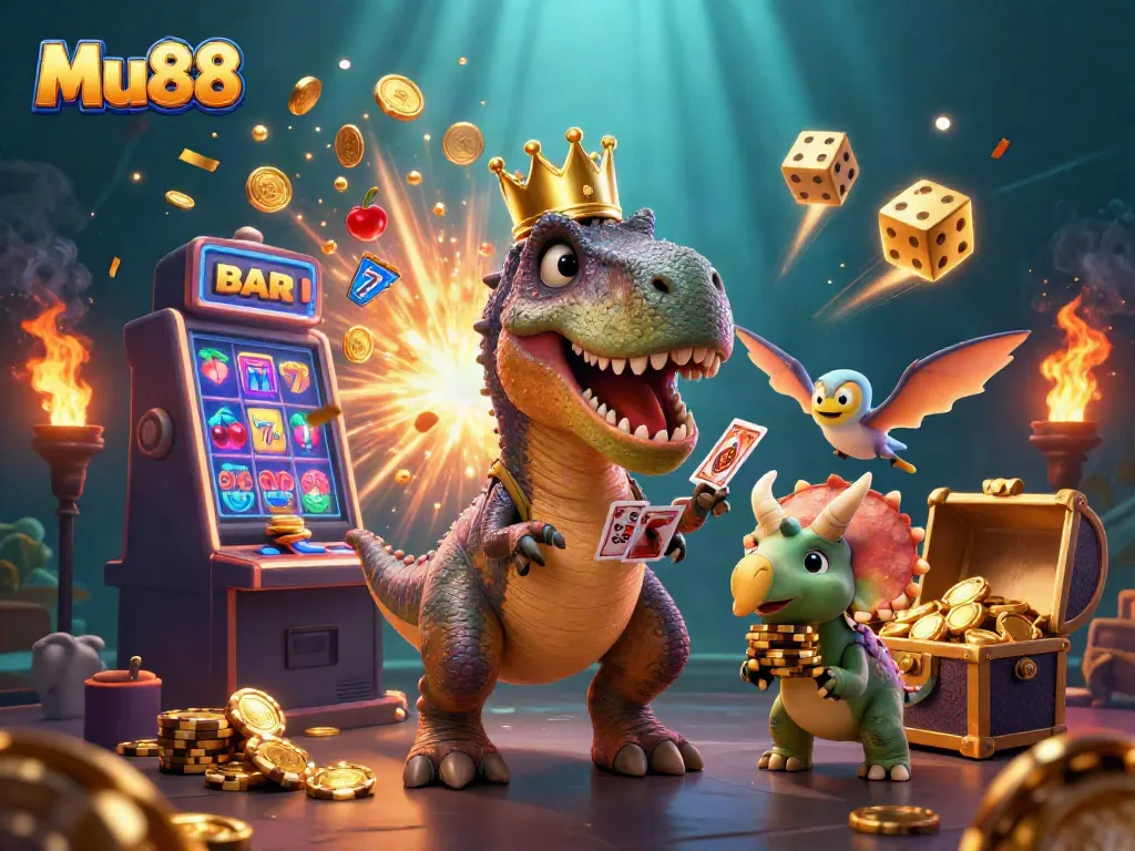 Experience the excitement of Mu88 with a fun 3D T-Rex dealer and lively casino elements.