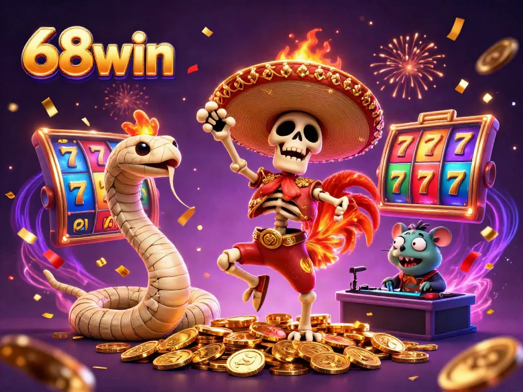 Experience the excitement of winning at 68win with this vibrant 3D casino scene featuring characters and colorful slot elements.