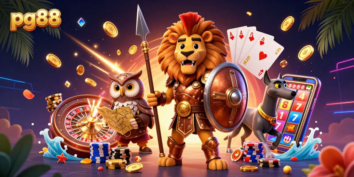 Play exciting games and win at pg88 with a vibrant scene of casino elements and characters.