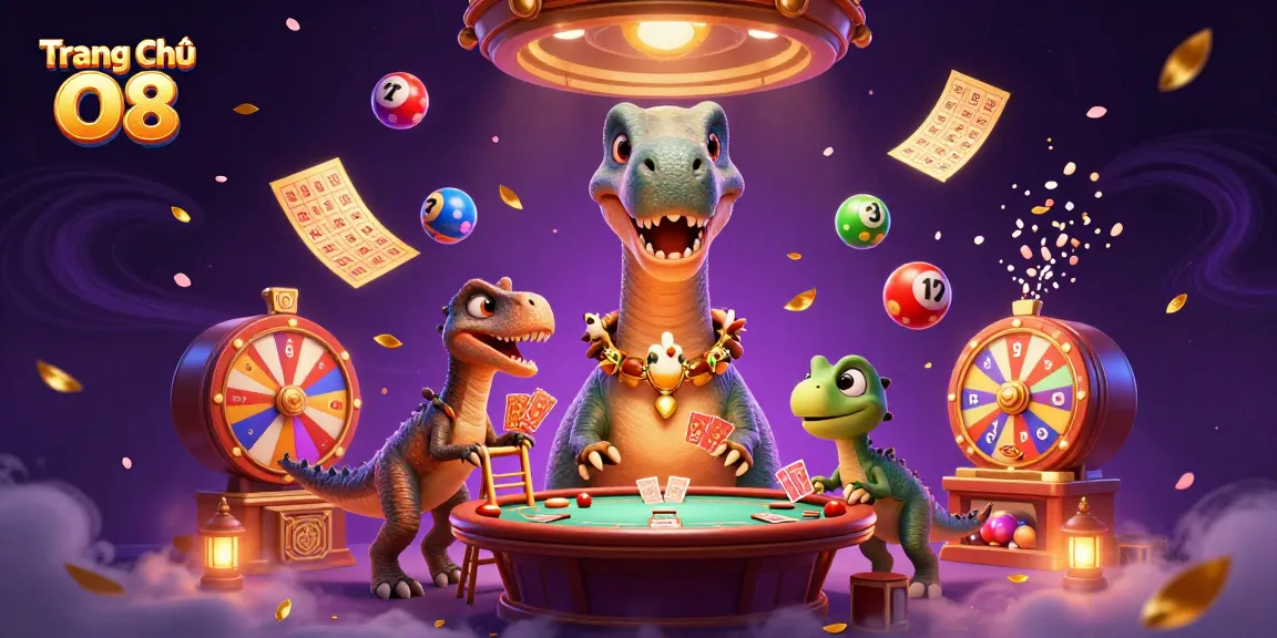 Engage with the vibrant scene of Trang Chủ O8 featuring a playful dinosaur and raptor dealer amidst dynamic lottery elements.