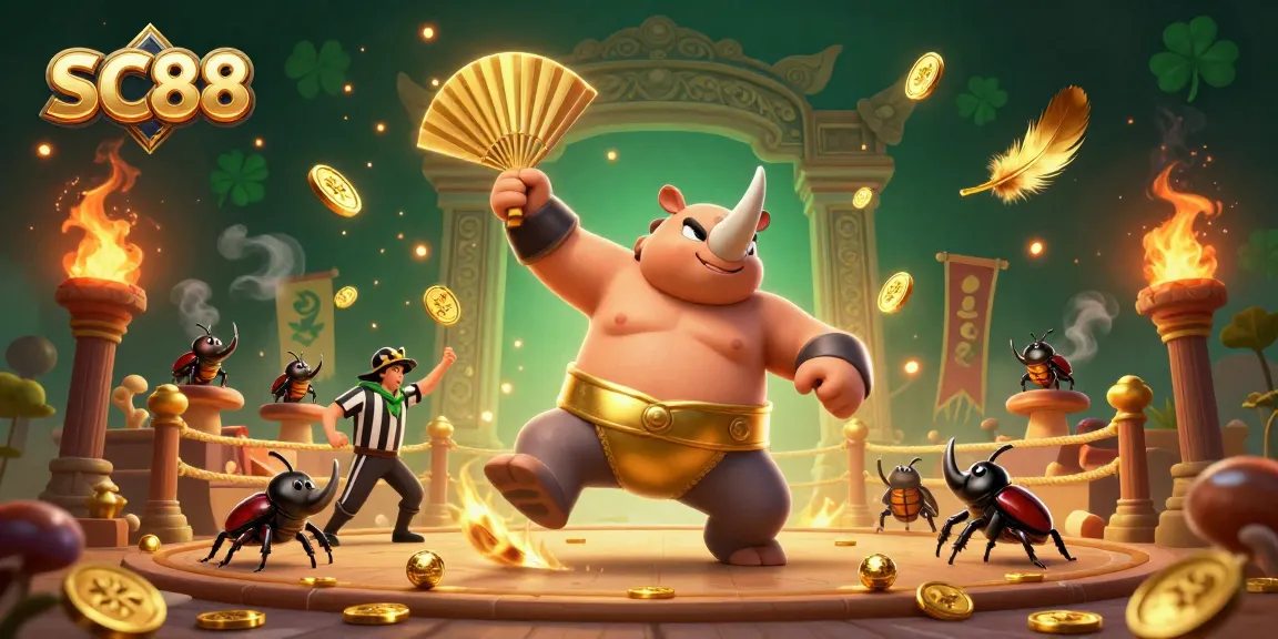 Experience thrilling challenges at SC88 with a vibrant 3D illustration showcasing a sumo beetle champion amidst an exciting gaming arena.