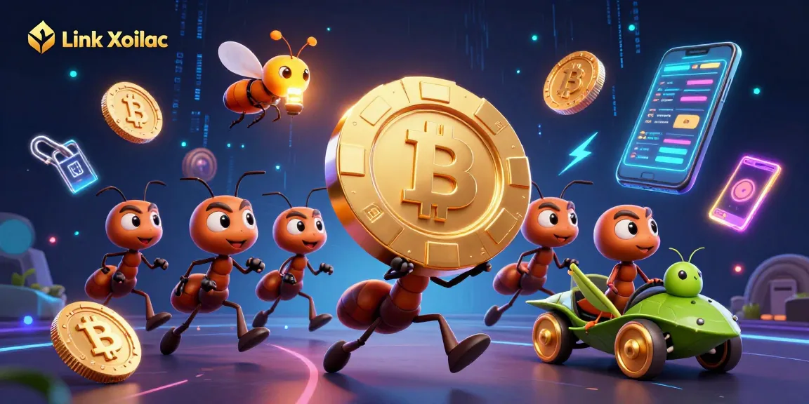 Ants showcase earning strategies as they haul a giant poker chip while exploring Link Xoilac.