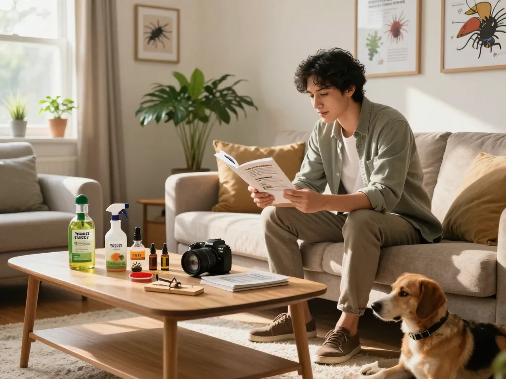 Pest control guide in a cozy living room with homeowner and natural repellents for effective pest prevention.