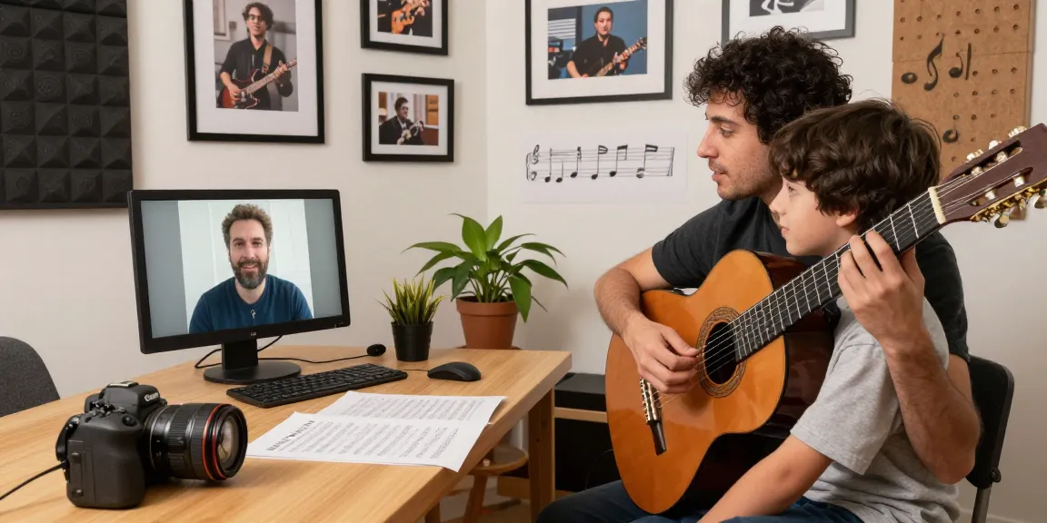 Instructor providing online classical guitar lessons in a cozy home setting, engaging with a student via video call.