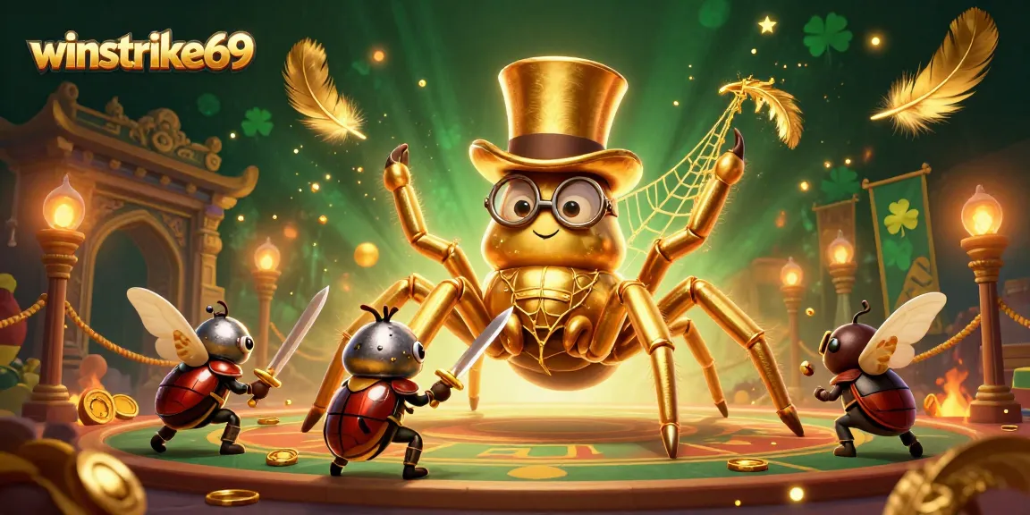 Capture the excitement of winstrike69 with a golden tarantula and a beetle knight amid casino-themed elements.