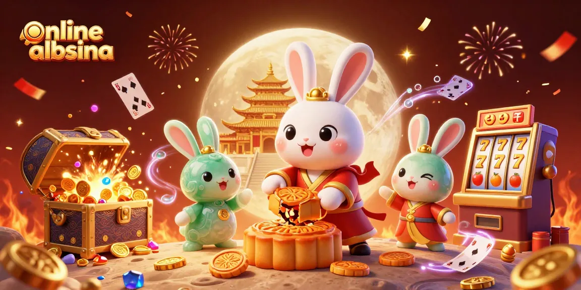 Play exciting games at online casino albania with 3D moon rabbits and festive elements in vibrant colors.