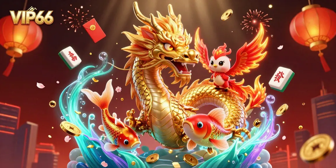 Play at VIP66 and win big with dynamic casino graphics featuring a dragon, phoenix, and koi fish.