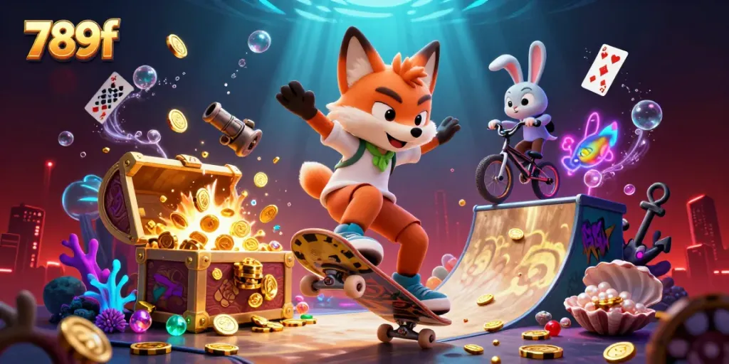 Jump into exciting gameplay with 789f as a colorful fox skater flips over golden poker chips.