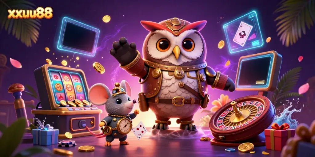 Experience the excitement of xxuu88 as a steampunk owl and clockwork mouse explore a vibrant casino scene.
