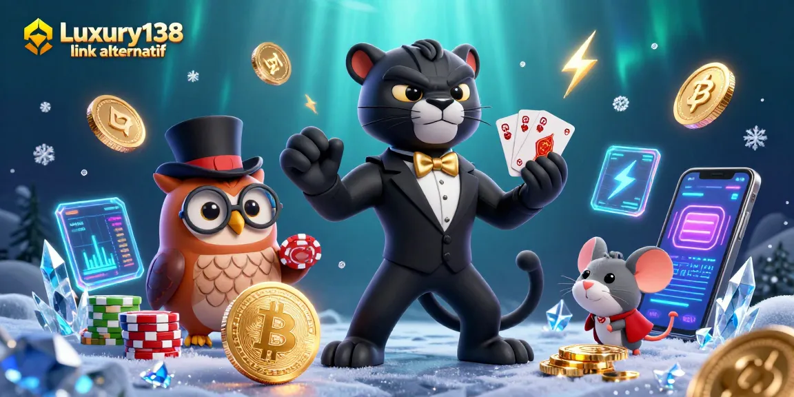 Engage with the Luxury138 link alternatif platform through this dynamic casino illustration featuring vibrant characters and crypto elements.