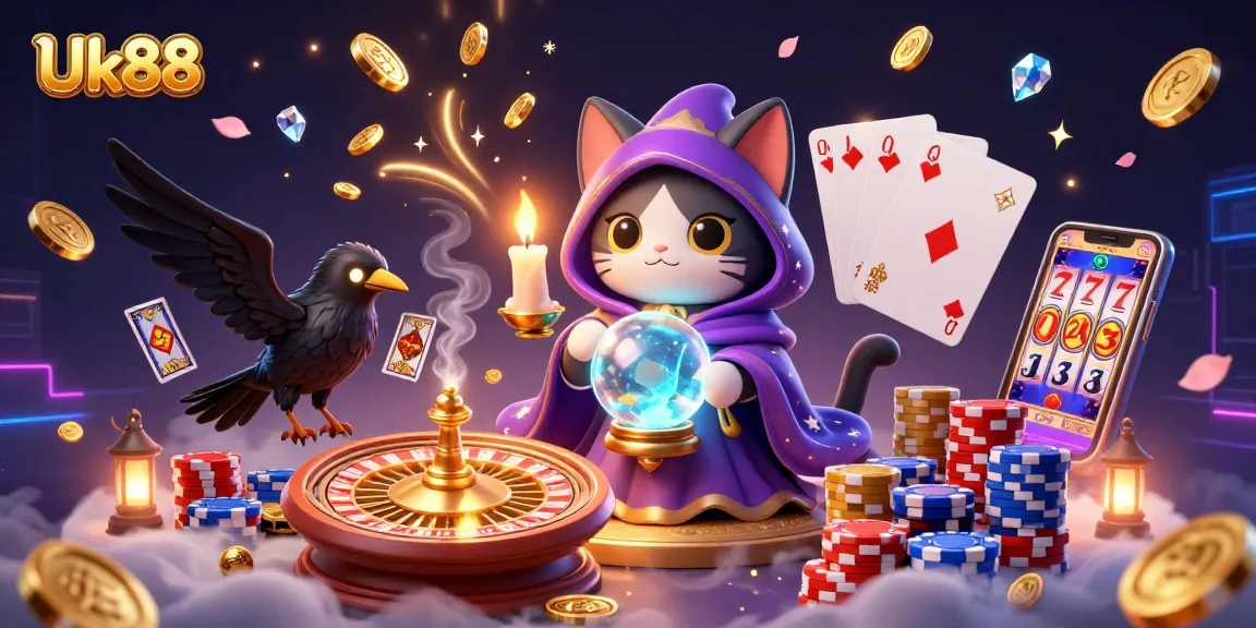 Experience the thrill of Uk88 with a vibrant scene featuring a mystic cat and incredible casino elements.