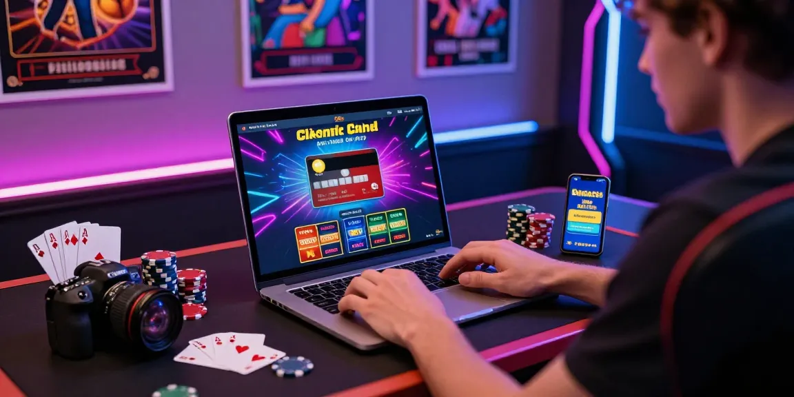 Exploring credit card casinos UK with enthusiastic player at a stylish desk, laptop displaying gaming interface, vibrant atmosphere.