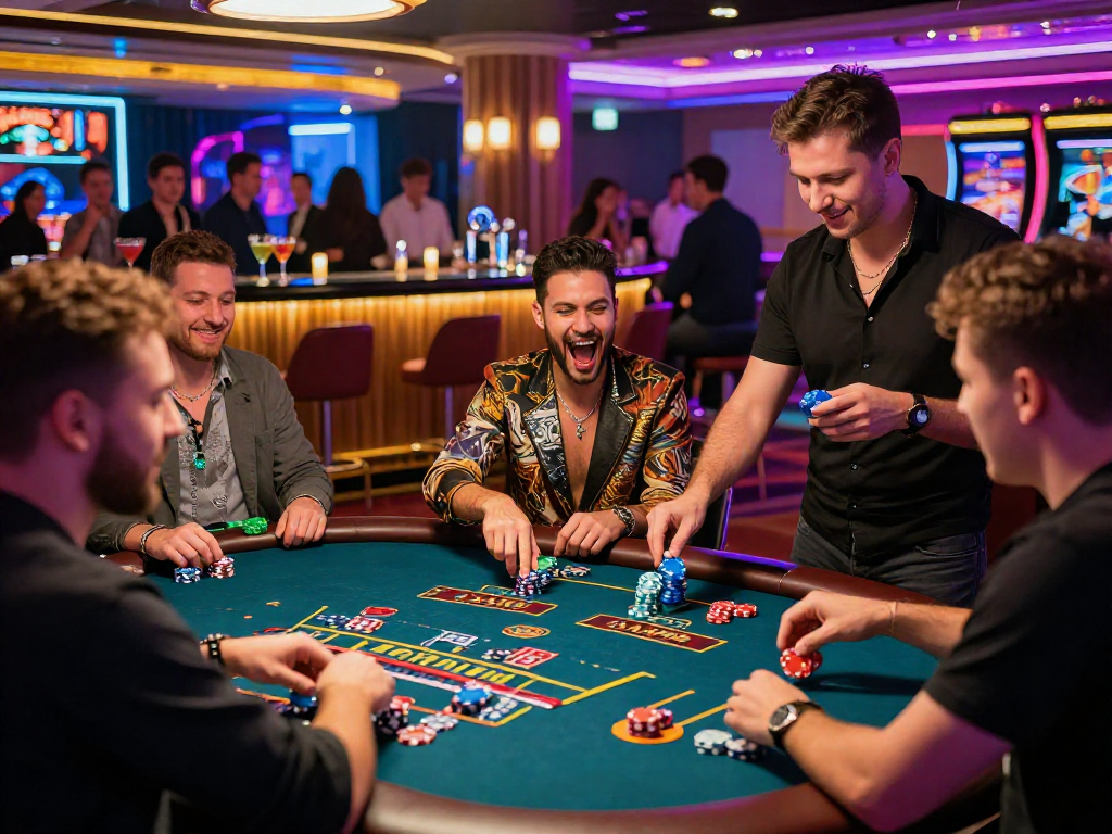 Giocatori entusiasti in un casinò non AAMS, immersi nell'emozione del gioco e delle vincite.