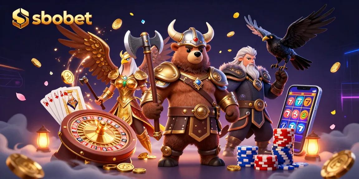 Engage in thrilling action with sbobet, featuring a Viking bear and a Valkyrie eagle amidst flying coins and casino elements.