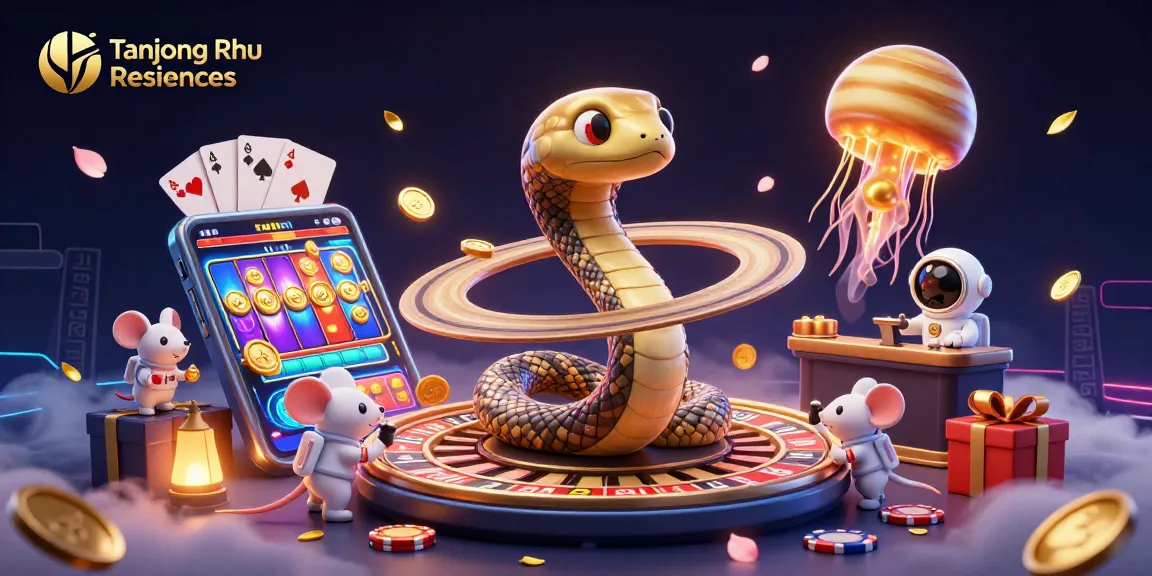 Engage with Tanjong Rhu Residences in a vibrant casino-themed cosmic scene featuring playful astronauts.