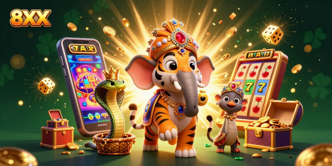 Engage with the thrilling 8XX gaming experience, featuring vibrant slot elements and majestic characters in action.