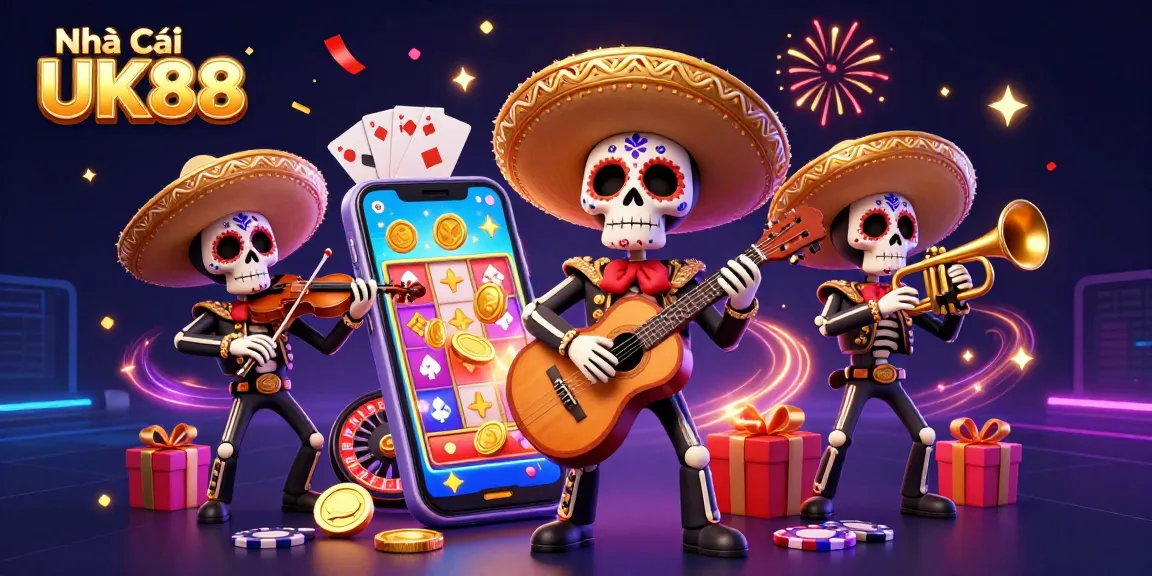 Engage with Nhà Cái UK88 through dynamic slot games and vibrant casino elements in this stunning 3D illustration.