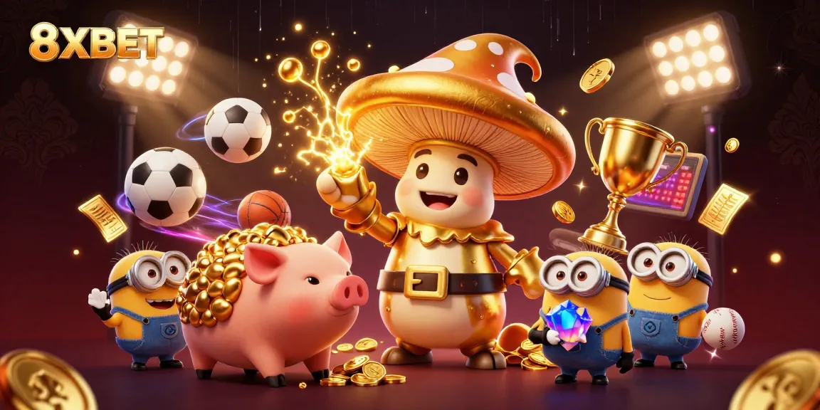 Experience the thrilling world of 8XBET like never before with dazzling golden elements, sports excitement, and magical treasures!