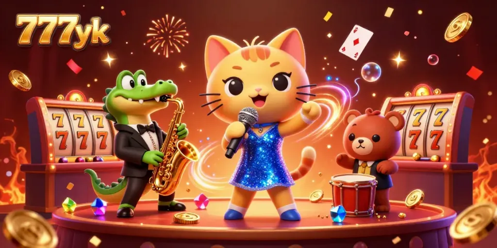 Engage in fun gaming at 777yk with lively characters on a vibrant casino stage.