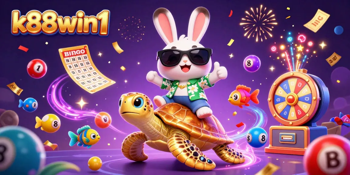 Experience the excitement of K88win1 at the lottery, filled with vibrant colorful elements and joyful characters.