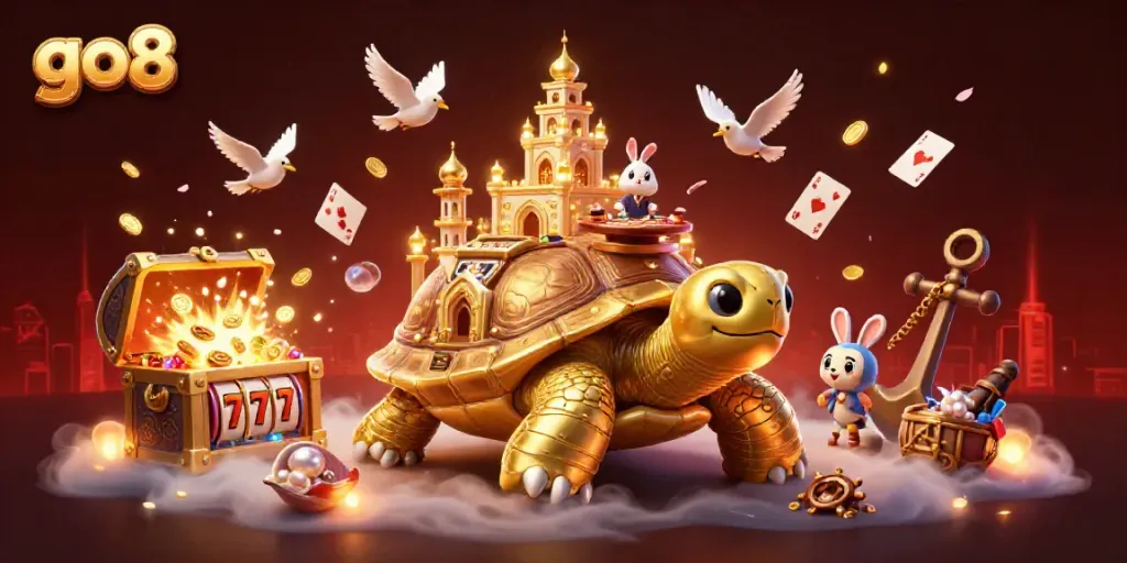 Experience the go8 casino adventure with a golden tortoise, rabbit dealer, and slot machines.