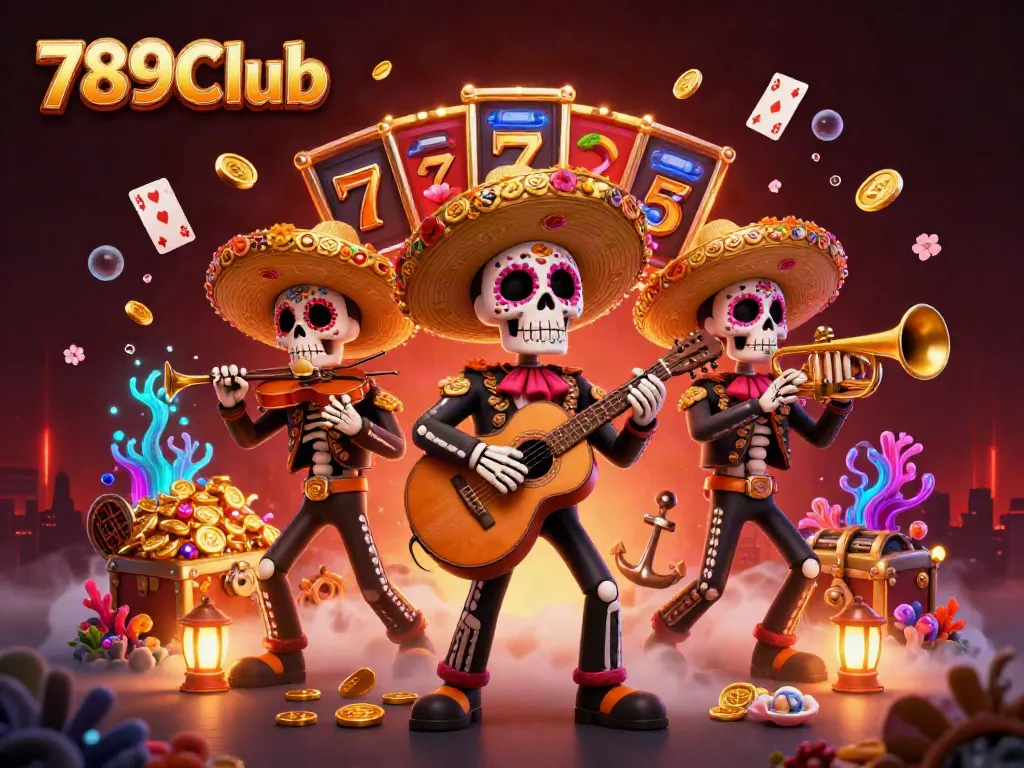 Engage in thrilling gameplay at 789Club with a vibrant 3D illustration of a skeleton mariachi band amid casino elements.