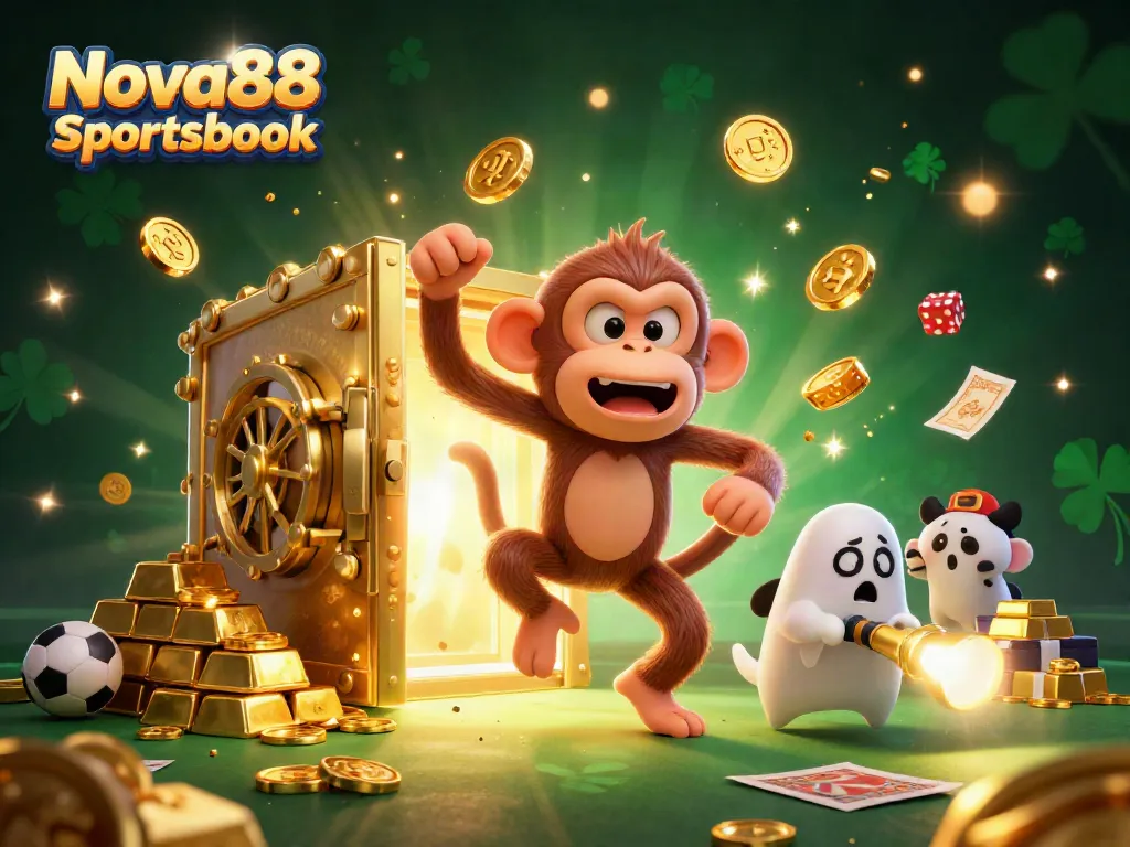 Experience the thrill of Nova88 Sportsbook with a playful illustration of a ghost-hunter puppy tracking an invisible monkey juggling gold treasures.