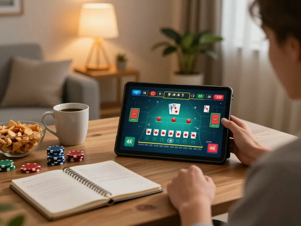 Engaging in a live blackjack game on LC88 tablet with cozy home ambiance.