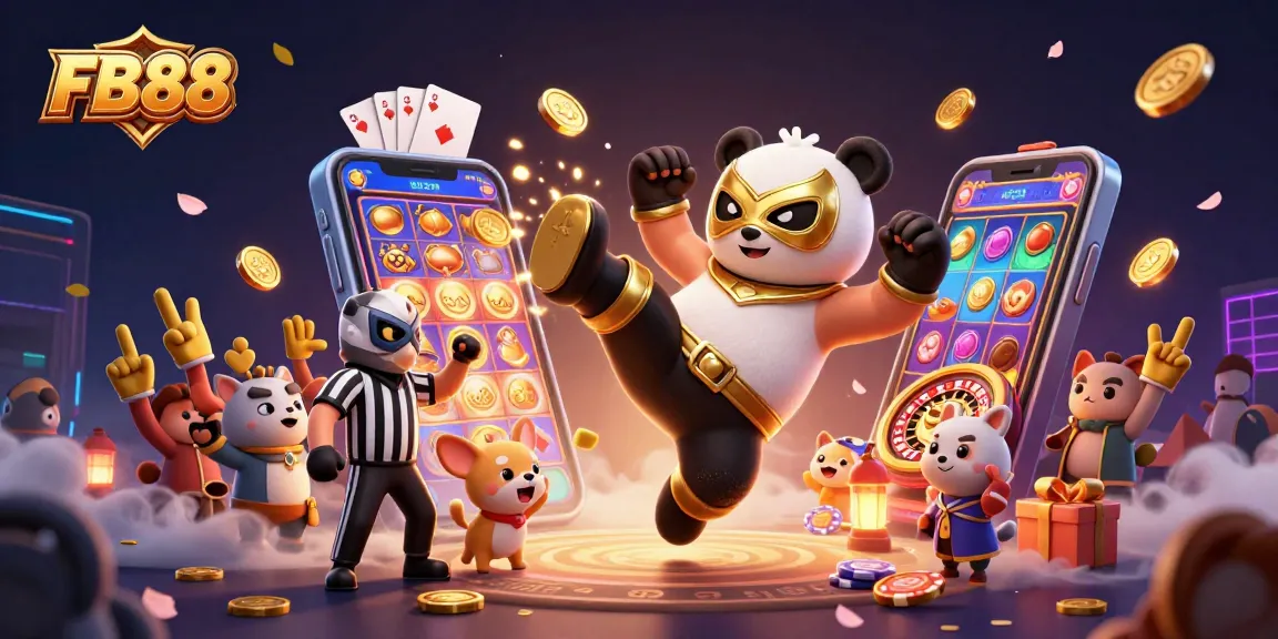 FB88 features an exciting 3D illustration with lively characters and dynamic casino elements, showcasing thrilling gaming action.