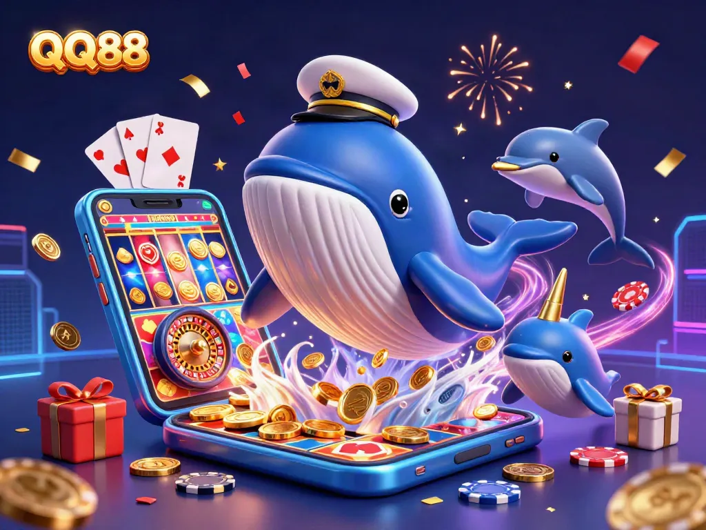 Engage in exciting gaming with QQ88's playful dolphins and a giant whale amidst coins and gambling elements.
