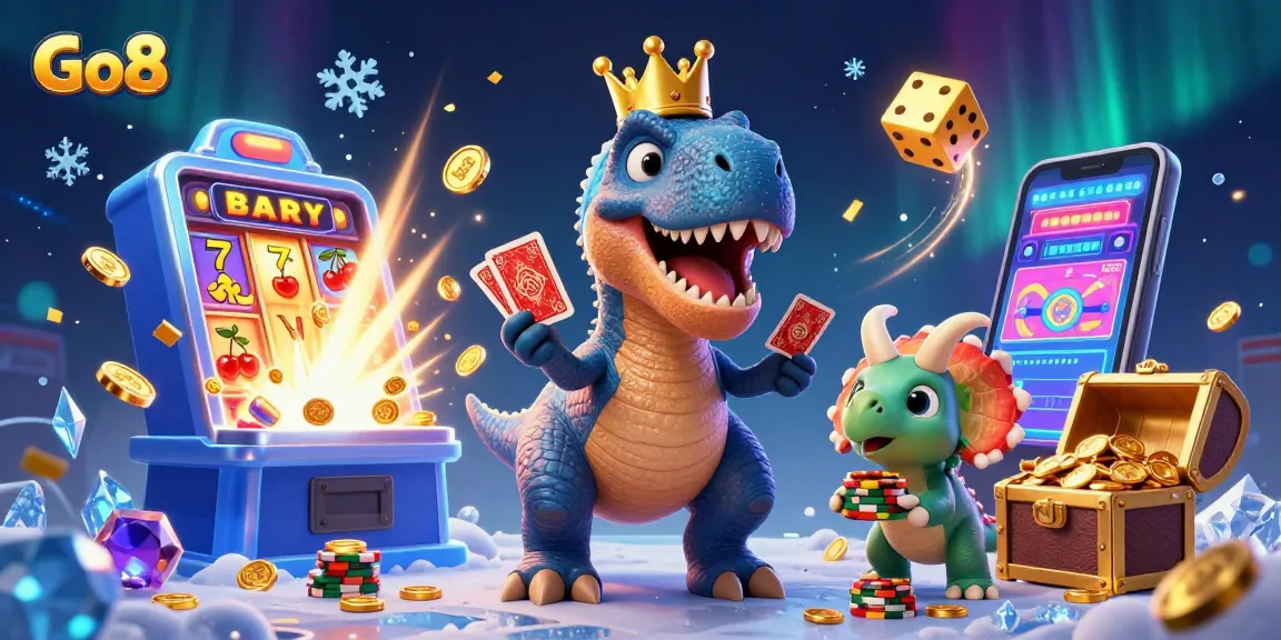 Engage in exhilarating slots with Go8's vibrant characters showcasing casino joy and winnings.