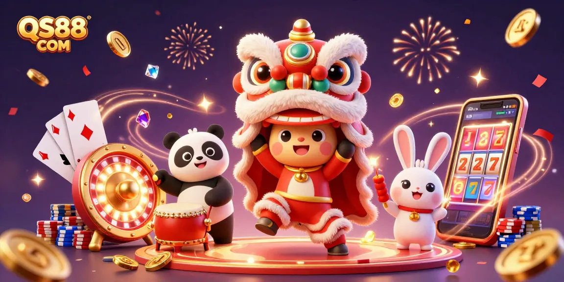 Experience the excitement of QS88 COM with festive lion dance, coins, and casino elements.