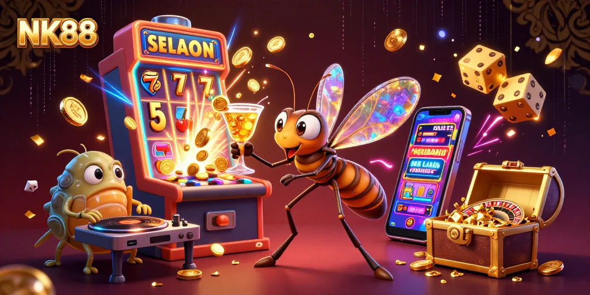 Experience NK88's thrilling casino adventure with unique mascot characters in a dynamic illustration.