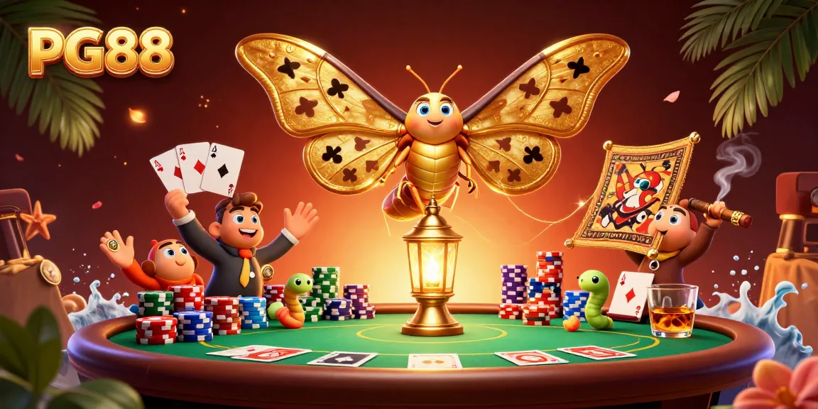 Experience excitement with PG88 in a vibrant casino scene featuring a golden moth and poker elements.