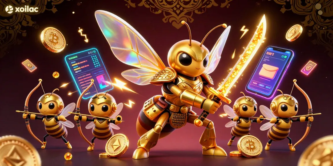 Experience thrilling betting on xoilac with vibrant golden hornet warriors armed with honey katanas and cryptocurrencies around.