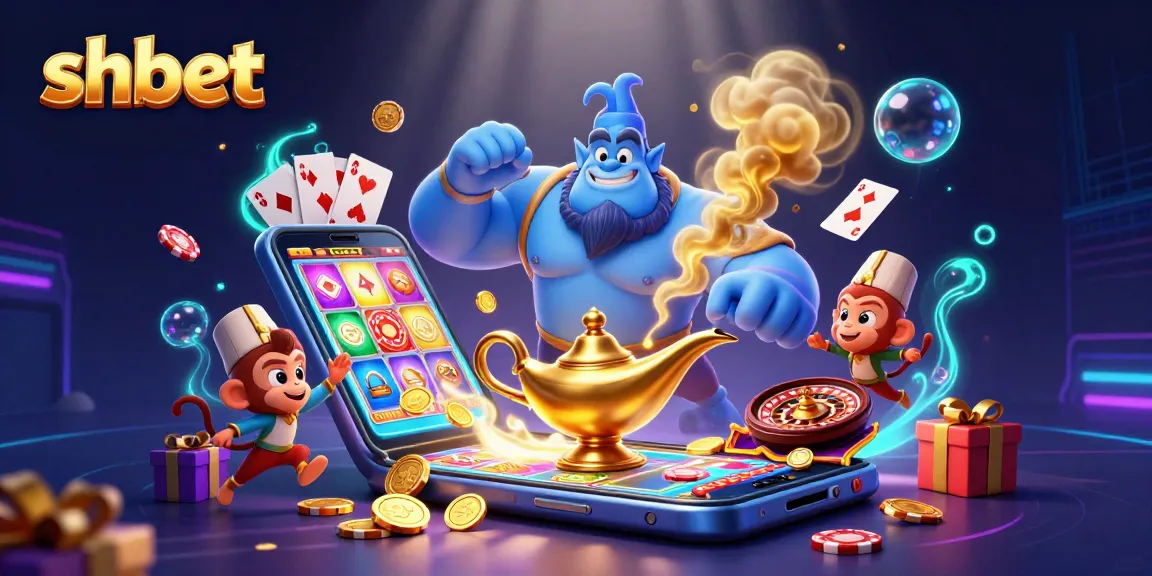 shbet offers a vibrant experience with a genie, poker chips, and casino games in a lively illustration