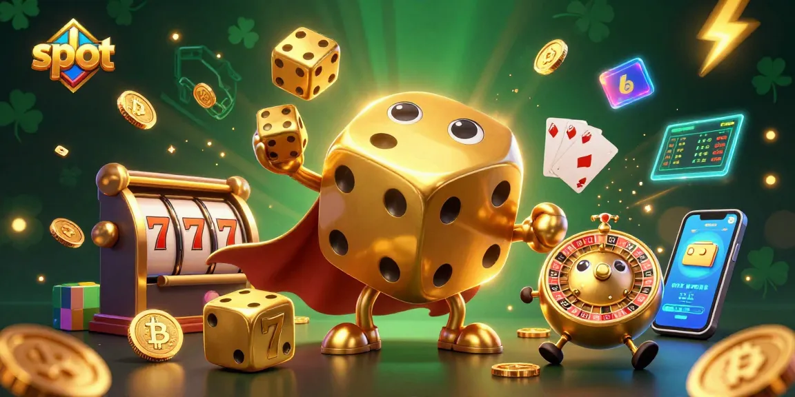 Putar slot dengan karakter dadu emas dan elemen keberuntungan di dalam kasino digital.