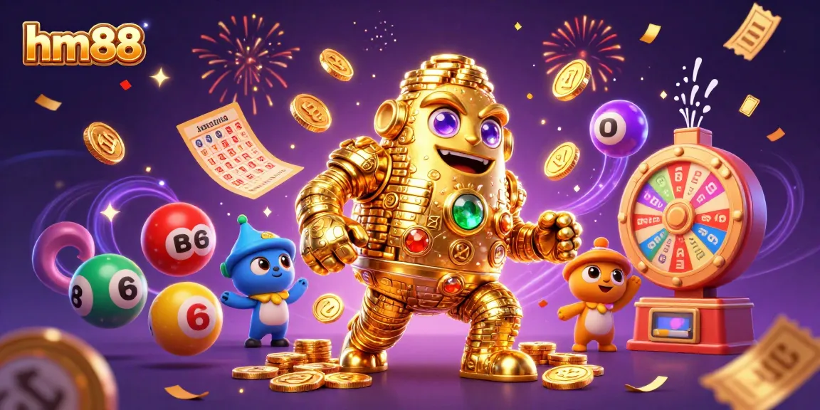 Experience the thrill at hm88 with vibrant lottery elements and a captivating golden golem.