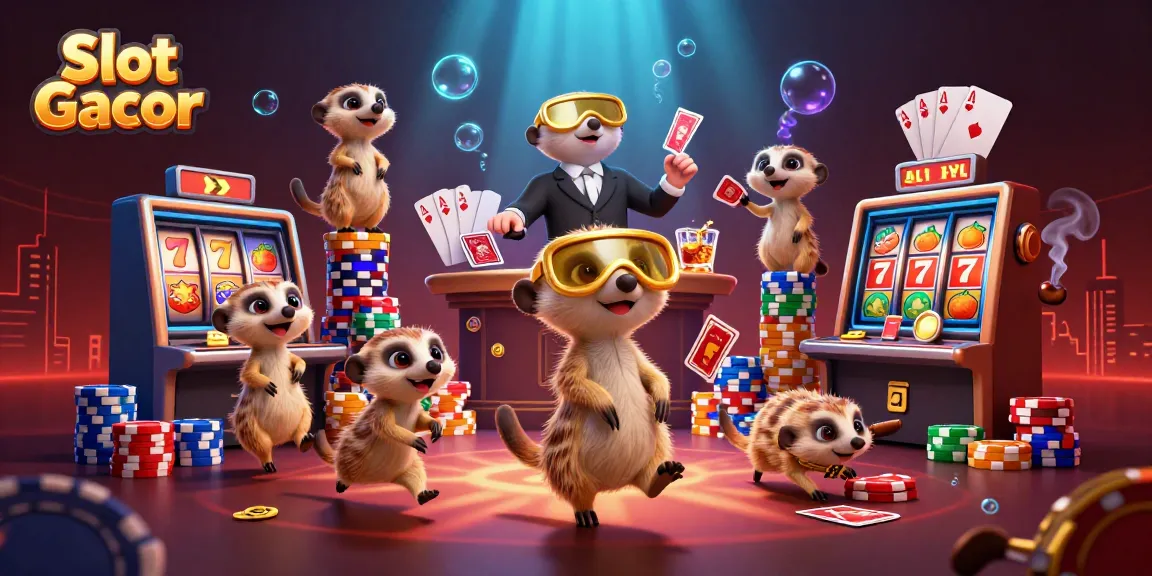 Experience Slot Gacor action with meerkats managing a casino filled with vibrant game elements and dynamic energy.