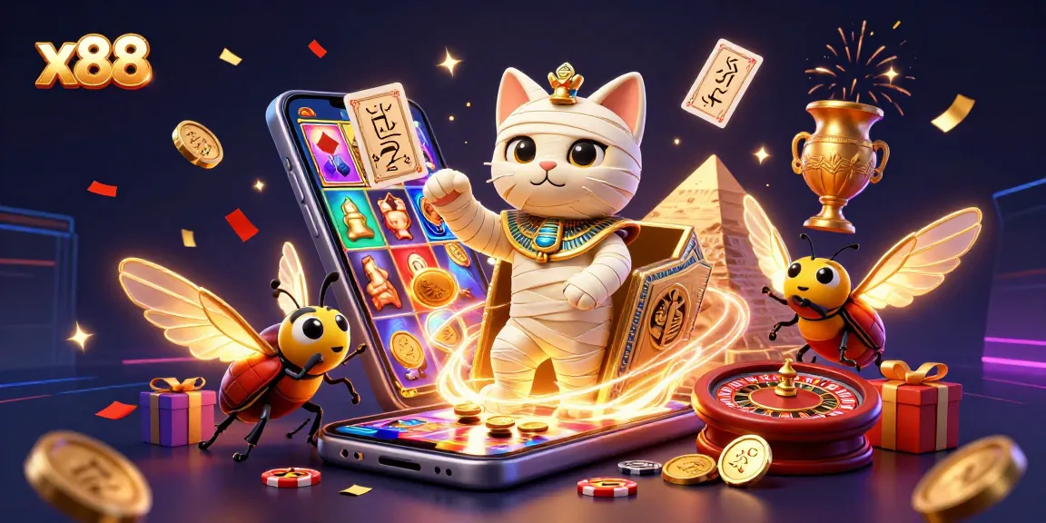 x88 captivates with a lively pyramid casino scene featuring an Egyptian mummy cat and games