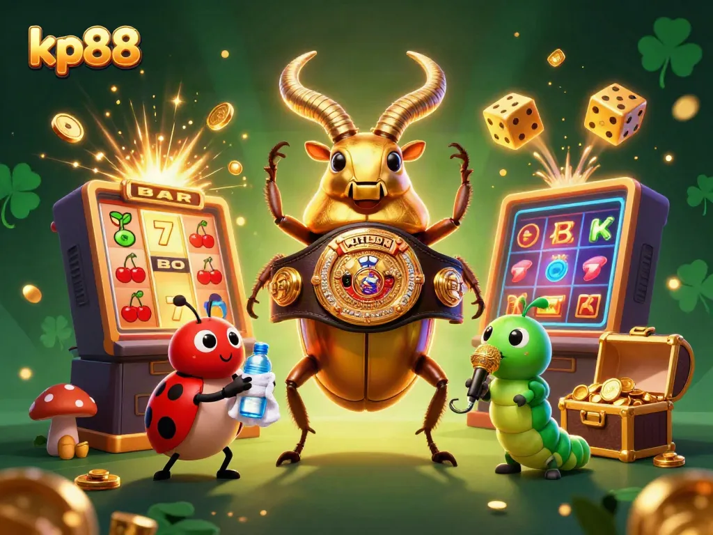 Experience the electrifying action of kp88 with a golden stag beetle in battle, loaded slot machines, and celebratory effects.