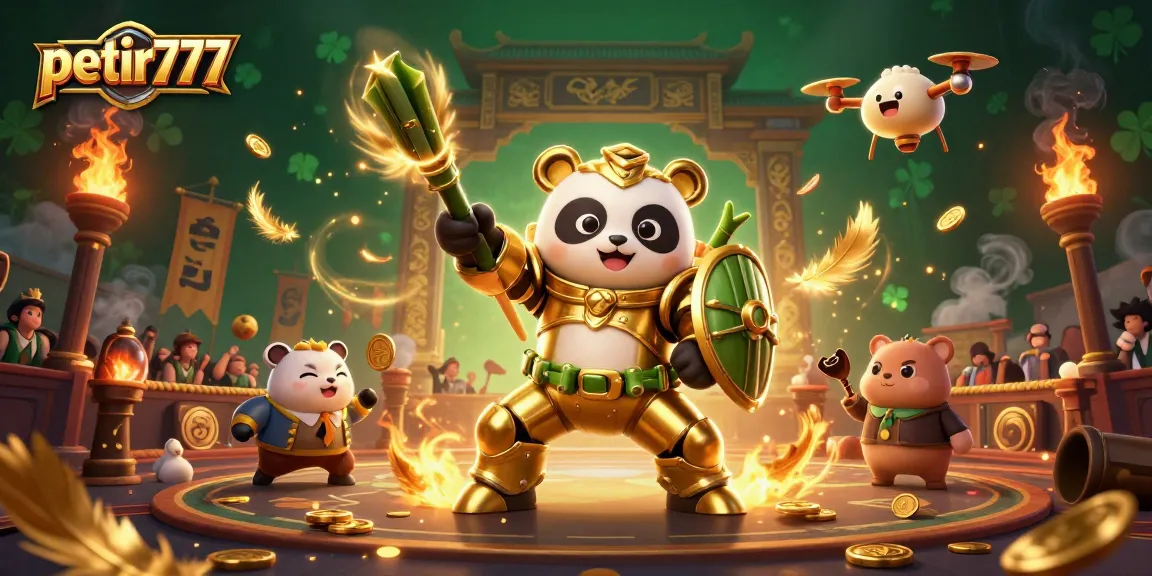 Join the thrilling gaming action at petir777 featuring a mech-suit panda in a dynamic casino arena.