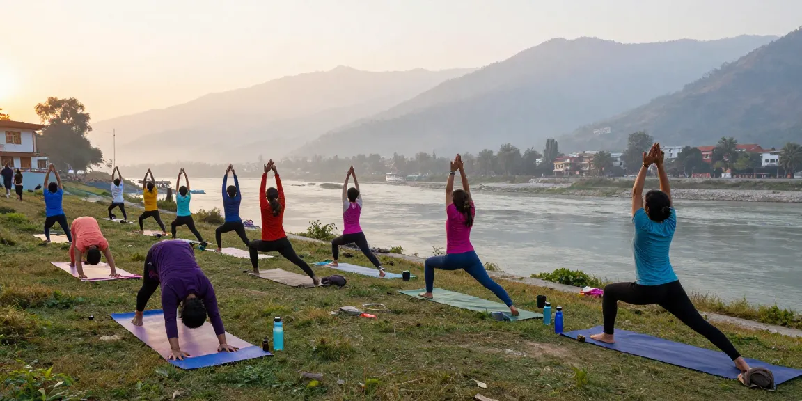 Group practicing yoga outdoors during yoga teacher training in Rishikesh India, with Himalayas in the background.
