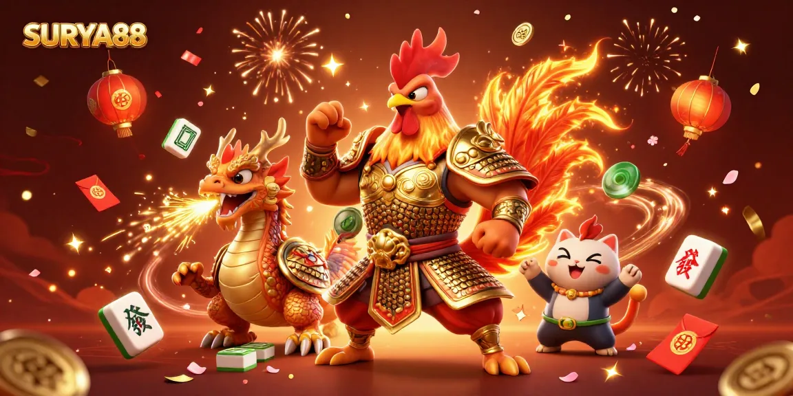 SURYA88 showcases a dynamic scene with a fighting rooster and dragon, vibrant game elements, and festive confetti.