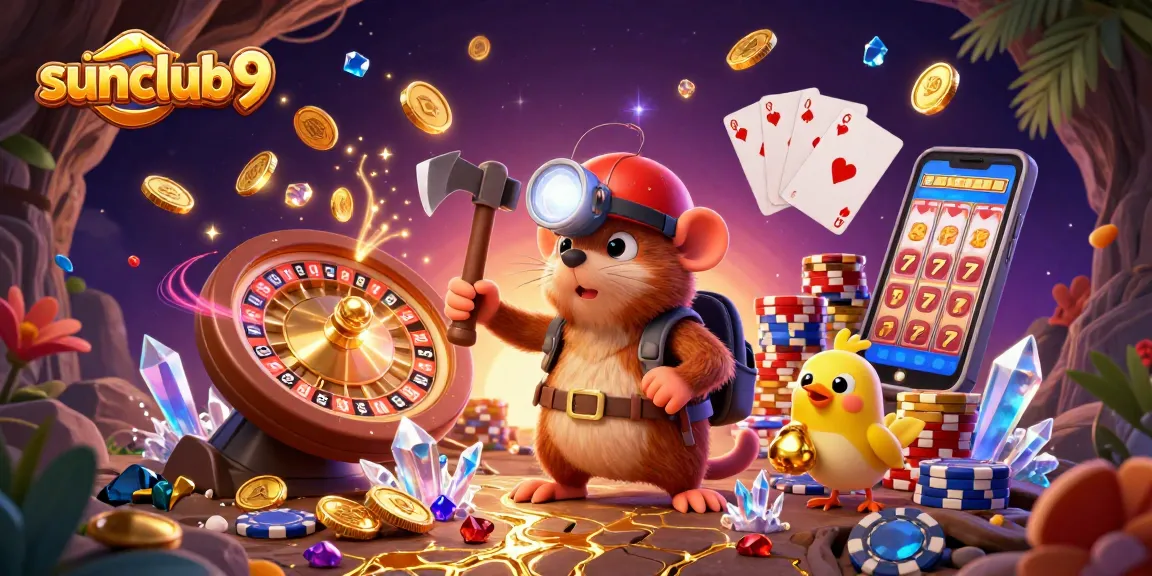 Experience thrilling gaming action at sunclub9 with a cartoon mole character amidst rich casino elements.