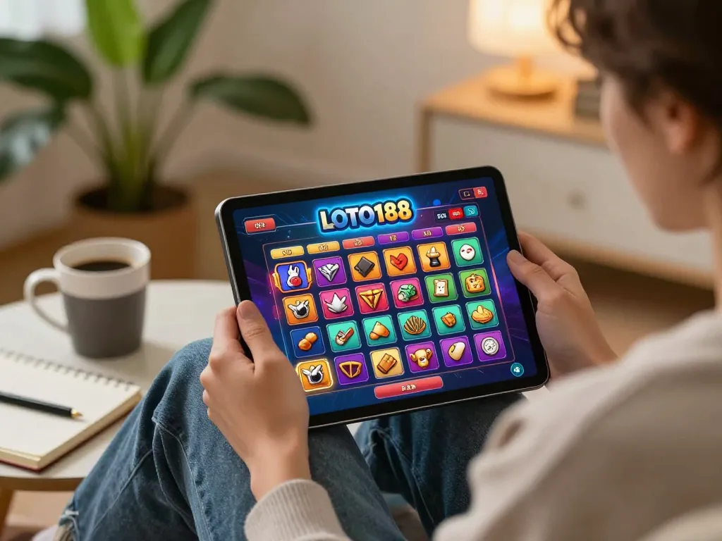 Engaging player enjoying LOTO188 online betting on a tablet in a cozy home setting