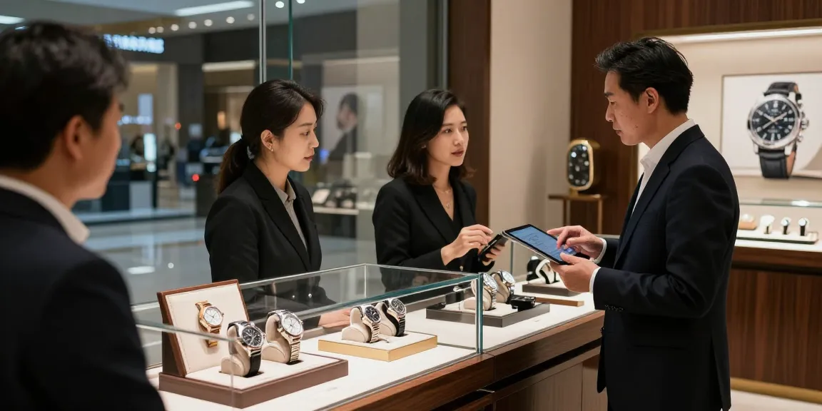 Elegant display of high-quality replica watches in a luxurious showroom setting.