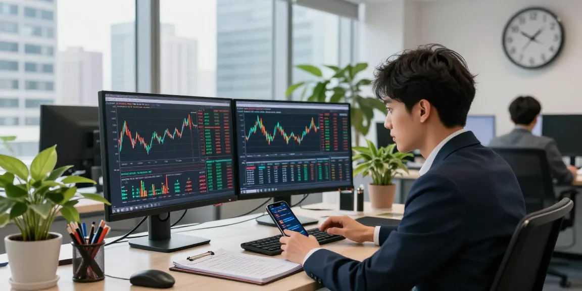 Analyzing currency exchange rates live with dual monitors in a modern office environment.