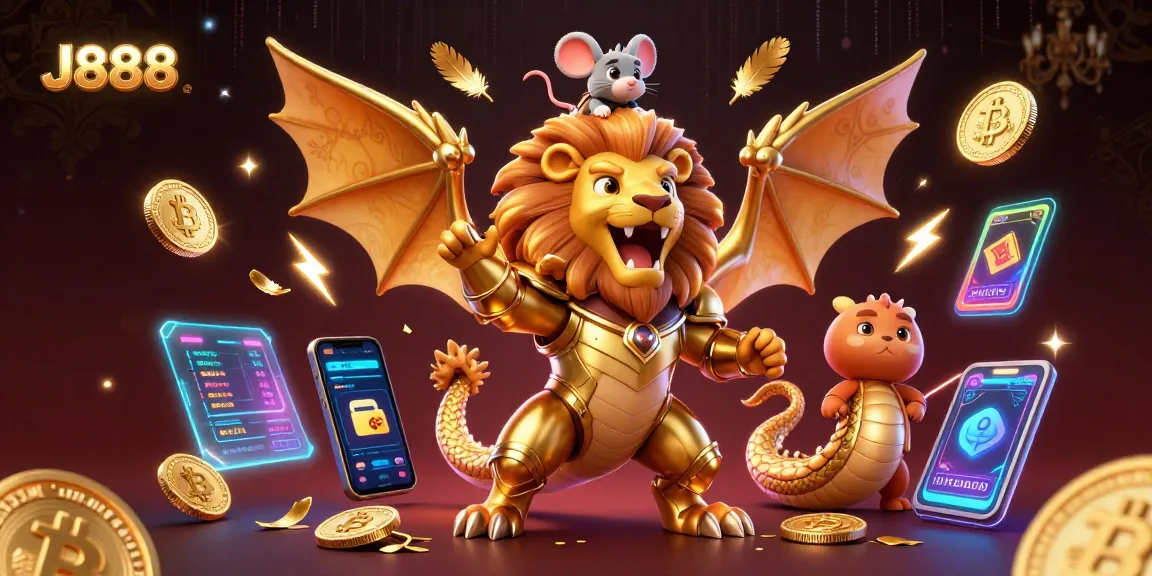 Experience the thrill of J888 gaming with a roaring chimera in golden armor amidst digital casino elements.