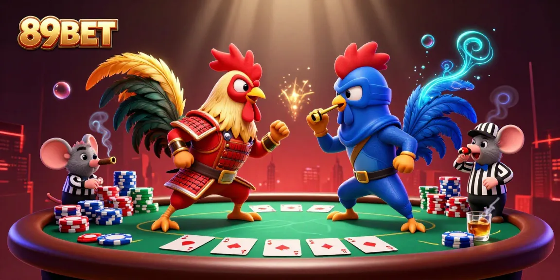 Bet big at 89BET with a dynamic showdown of fighting roosters and poker excitement.